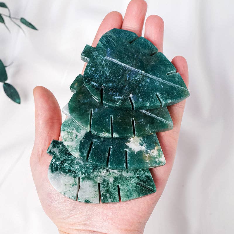 Moss Agate Leaf – Hand-Carved Crystal, 7cm