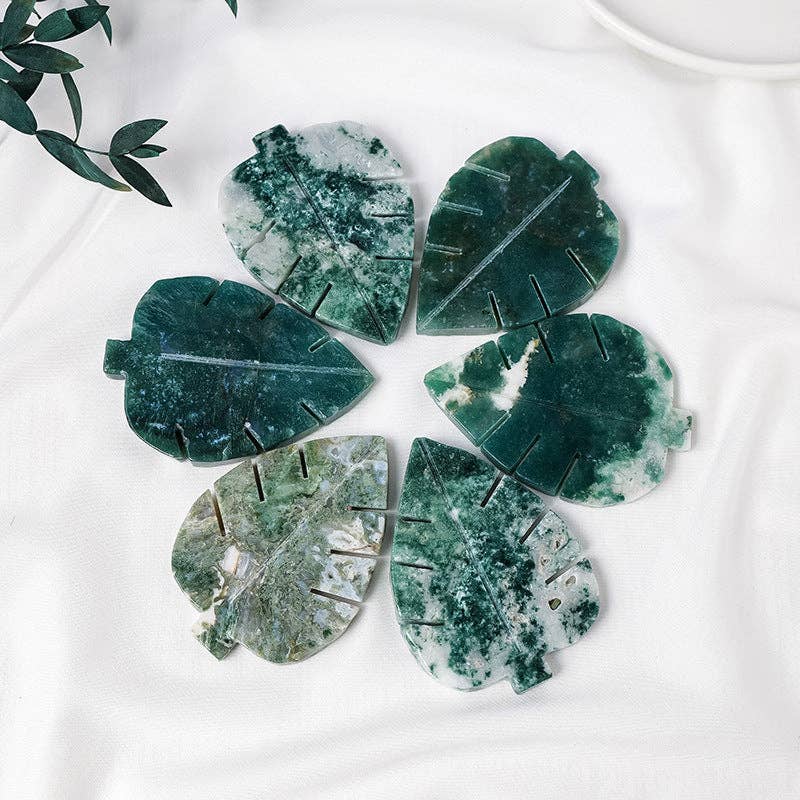 Moss Agate Leaf – Hand-Carved Crystal, 7cm