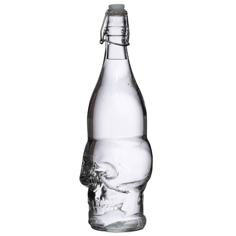 Skulls & Roses Clear Glass Skull Shaped Water Bottle 1L