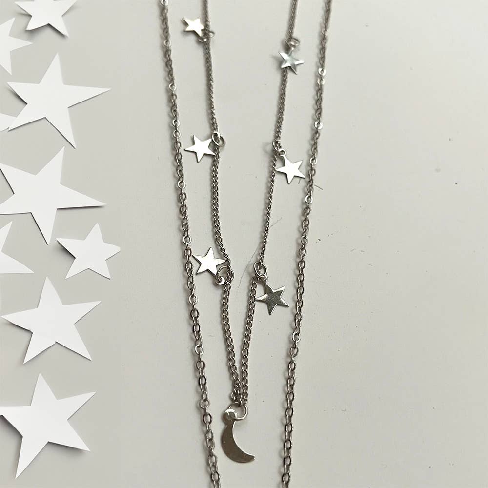 Star & Moon Layered Necklace: Silver