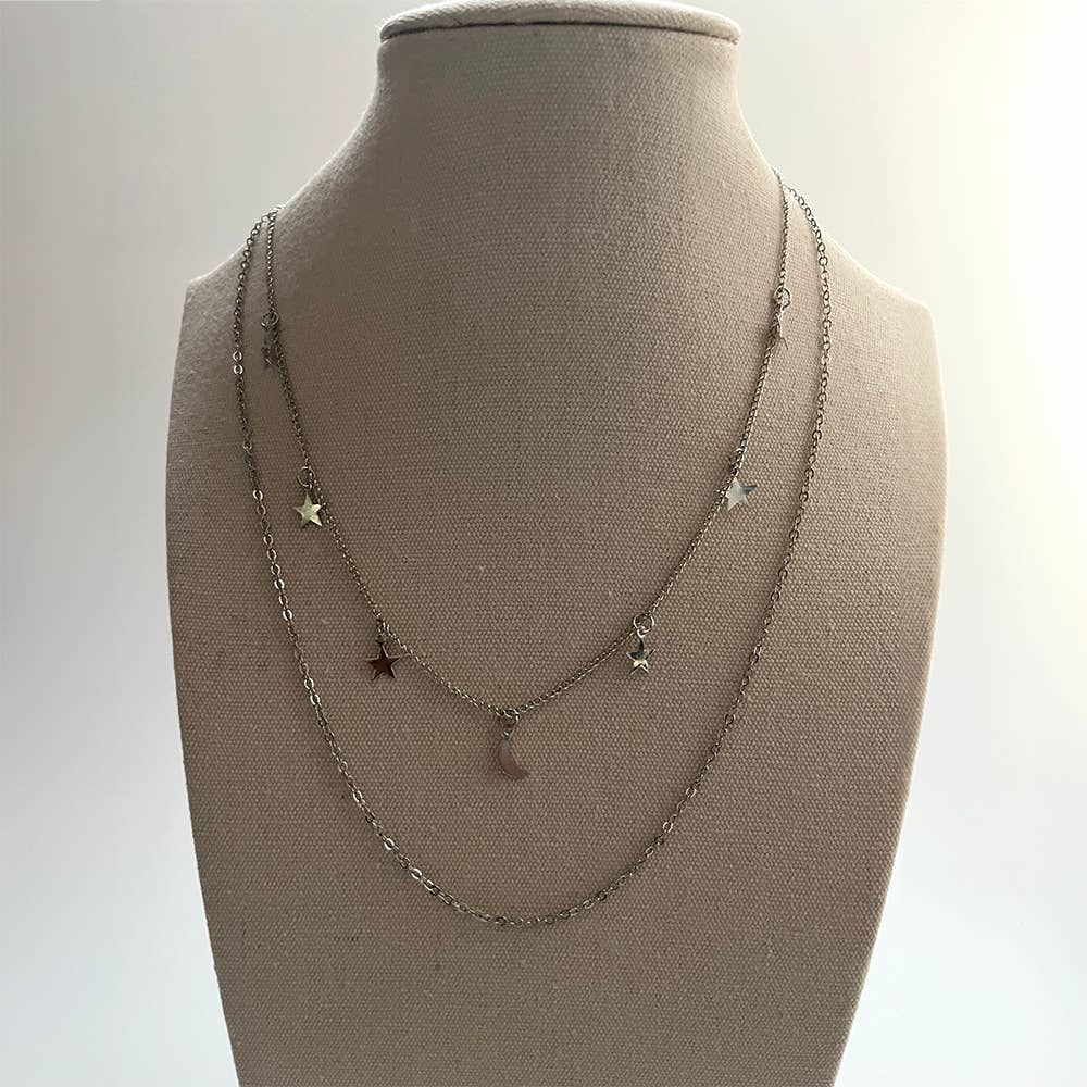 Star & Moon Layered Necklace: Silver