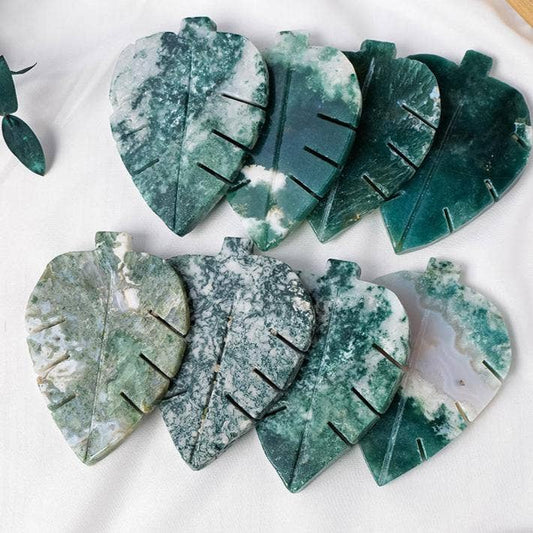 Moss Agate Leaf – Hand-Carved Crystal, 7cm
