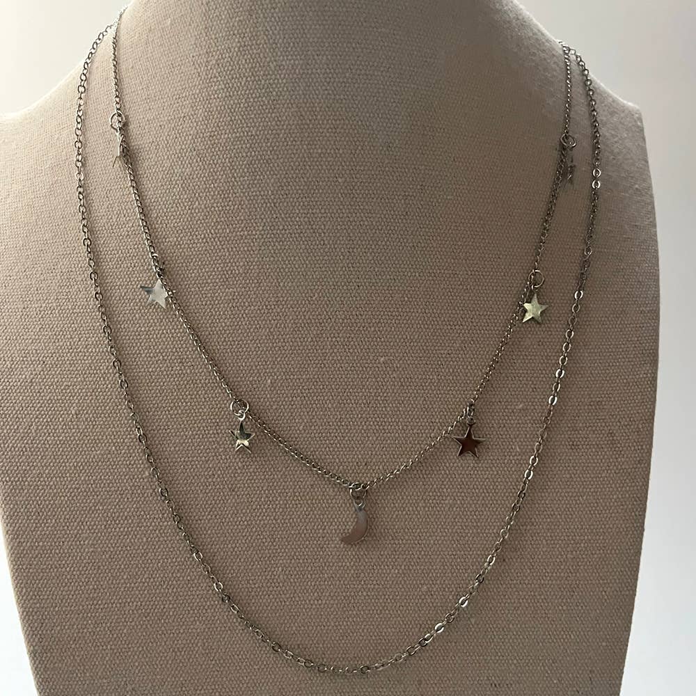 Star & Moon Layered Necklace: Silver