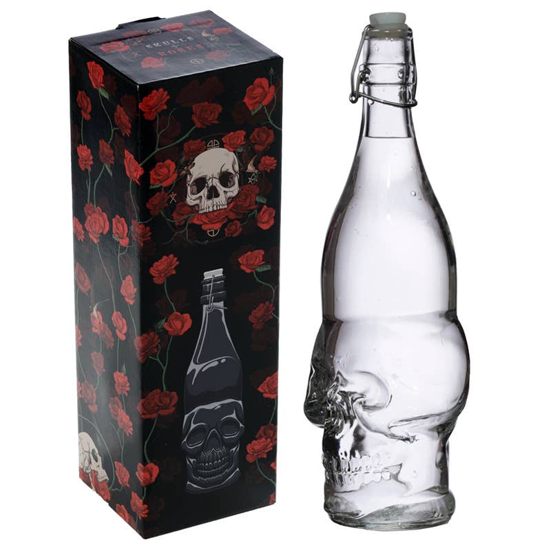 Skulls & Roses Clear Glass Skull Shaped Water Bottle 1L