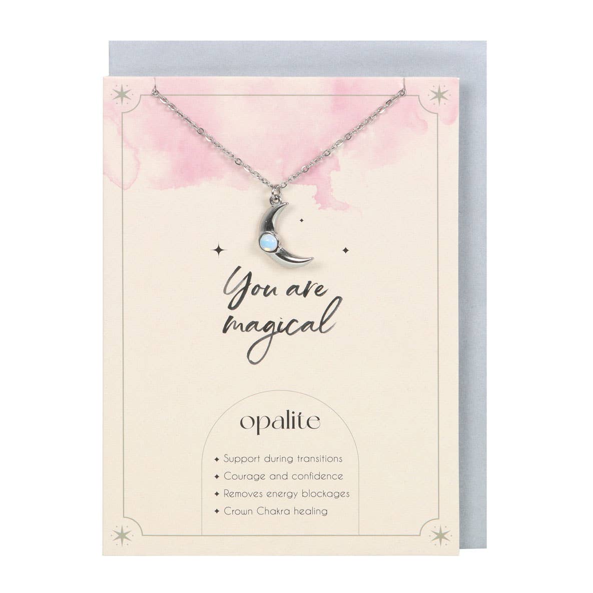 Opalite Crescent Moon Necklace on Greeting Card